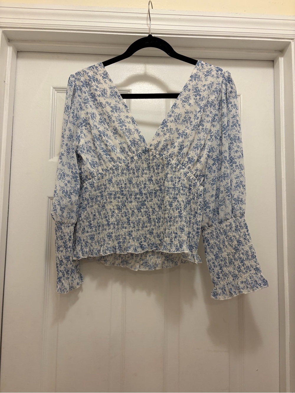 Promesa Blue and White Floral Smocked V-Neck Blouse